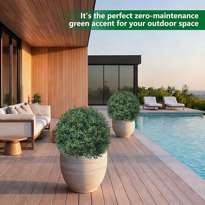 Artificial Boxwood Topiary Trees with Ground Spike,4 Pieces Fake Boxwood Ball Shrubs Bushes, UV Resistant Faux Evergreen Cypress Tree Plants for Indoor Outdoor Planters Front Porch