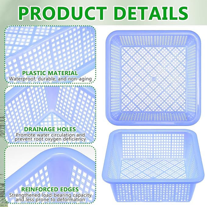 12PCS Aquatic Plant Baskets for Hydroponics Water Garden Plant Pots 10.5 x 10.5 x 3.7 Inch Square Plastic Mesh Basket for Hydroponics Live Aquarium Nursery Grow Botany Flowers
