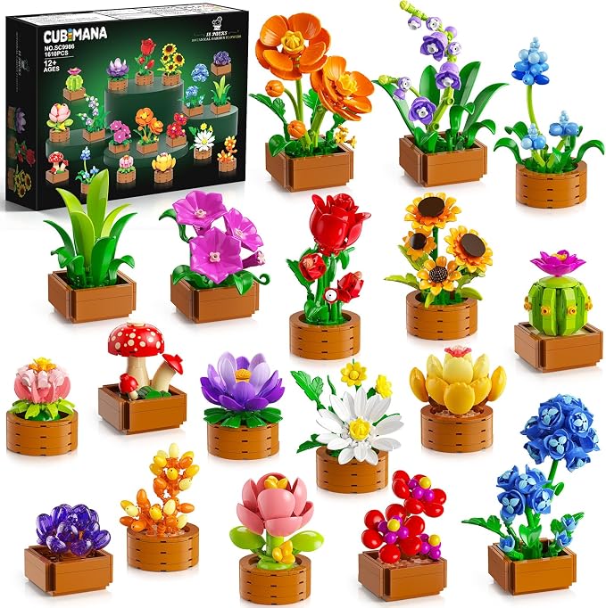 CUBIMANA 18 Unique Flowers Botanical Collection Mini Building Set, Tiny Flowers, Succulents & Plants with 3.6mm Mini Blocks, Desk Decor for Home Office, Relaxing DIY Gift for Women Adults Kids 12+