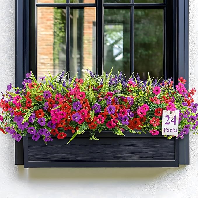Alupssuc 24 Bundles Artificial Flowers for Outdoors Planters Spring Decoration, UV Resistant Faux Eucalyptus Violet and Lavender Silk Fake Plants for Outside Indoor Yard Home Patio Decor, Mix 3 Colors