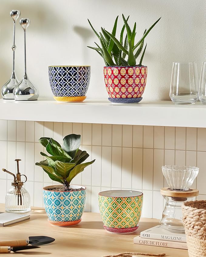 Metahom Ceramic Plant Pots, 4.9 Inch Flower Pots with Drainage Hole & Saucer, Colorful Planter Pots for Houseplants, Succulent, Catus, Home Decor, Set of 4, Vibrant Colors