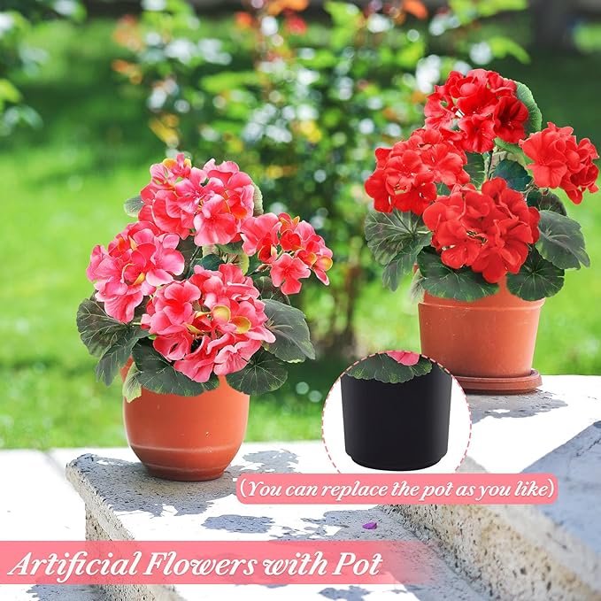 TURNMEON 2 Pack Artificial Geranium Fake Flowers for Outdoors Spring Summer Decor, Silk Geraniums Flowers UV Resistant Faux Flower Potted Plants for Gardens Farmhouse Indoor Home Table Decor (Mixed)