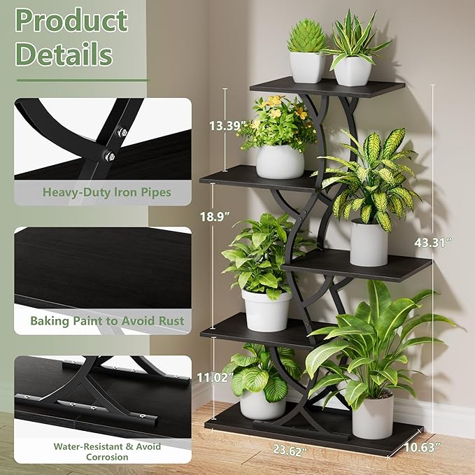 Plant Stand Indoor with Grow Lights - 44" Tall Corner Plant Stands for Indoor Plants, 5 Tiered Metal Plant Shelf, Curved Plant Flower Holder Dispaly Rack for Living Room, Home Patio Balcony (Blackboard)