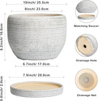 SQOWL Ceramic Flower Pots - 10 Inch Plant Pot Indoor with Drainage Hole and Saucer, Modern Ceramic Planter Outdoor, Decorative Large Round Planter, Bedroom Decor, Plant Lovers Gifts, Gray
