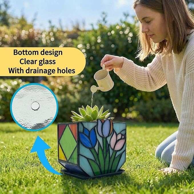 Handmade Stained Glass Tulip Planter,Tiffany Style Decorative Flower Pot for Indoor Plants,Vintage Floral Design Tabletop Plant Container, Ideal Gift for Plant Lovers and Gardeners
