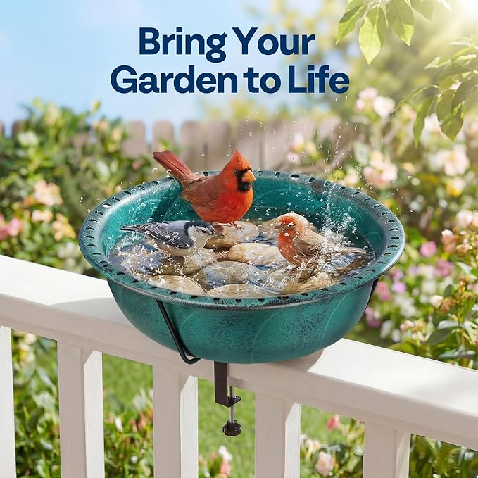 VIVOHOME Deck Mounted Bird Bath for Outside, Weather-Resistant ABS Bird Bath and Feeder with Adjustable Metal Clamp for Railing, Fence, Balcony, 1.45 Gallons, Green