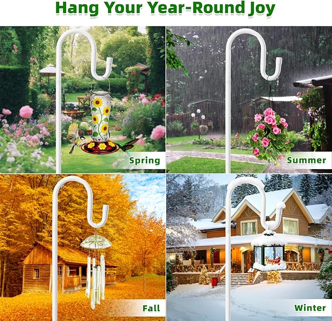 62" White Shepherds Hooks for Outdoor, Bird Feeder Pole with 5 Prong Base, Adjustable Height Shepherds Hook for Hummingbird Feeder, Bird Feeder, Lightweight Plant, Wind Chimes, Lanterns (1 Pack)