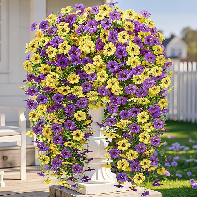 Artificial Hanging Flowers for Outdoors Spring Summer Decoration, 4PCS UV Resistant Silk Fake Hanging Plants for Patio Porch Front Yard Window Garden Indoor Decor(Purple&Yellow,4PCS)