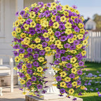 Artificial Hanging Flowers for Outdoors Spring Summer Decoration, 4PCS UV Resistant Silk Fake Hanging Plants for Patio Porch Front Yard Window Garden Indoor Decor(Purple&Yellow,4PCS)