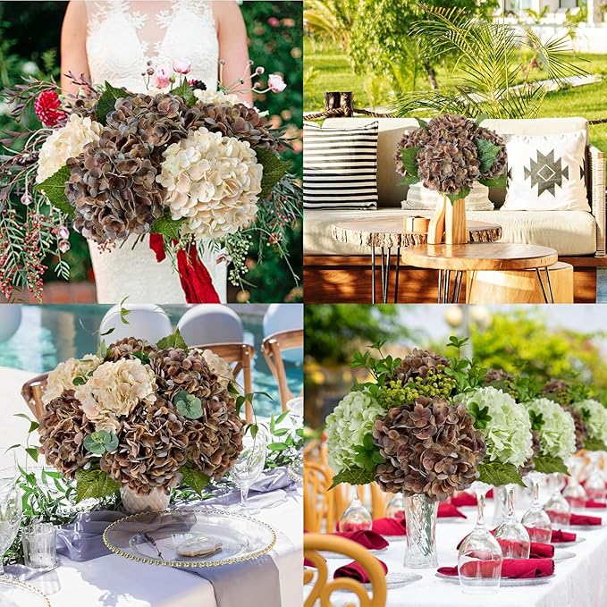 ZYTUYO 3PCS Brown Hydrangeas Artificial Flower 21" Real Touch Faux Latex Fake Hydrangeas Silk Bouquet for Home Kitchen Living Room Spring Table Office Wedding Party Arrangement