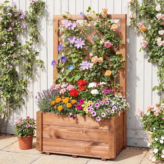 Giantex Raised Garden Bed Set 2 w/Trellis, Drainage Hole, 23”x14”x40” Wood Elevated Planter Box for Climbing Vine Flower Herb Vegetable Fruit, Planting Container for Indoor Outdoor Patio Balcony