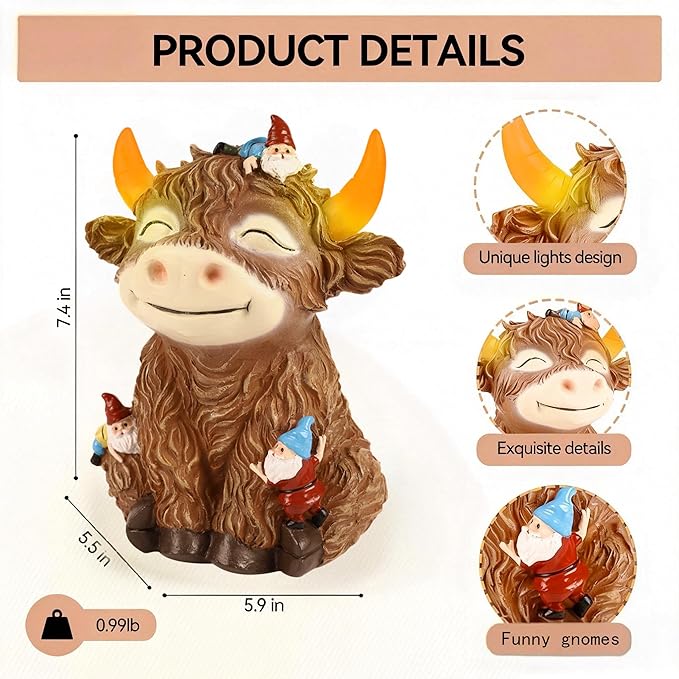 Solar Highland Cow Garden Statue with Funny Gnomes Outdoor Decor,Cow Figurine with LED Lights Yard Art Decoration for Garden,Patio,Lawn-Unique Gift for Mom,Grandma