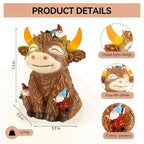 Solar Highland Cow Garden Statue with Funny Gnomes Outdoor Decor,Cow Figurine with LED Lights Yard Art Decoration for Garden,Patio,Lawn-Unique Gift for Mom,Grandma