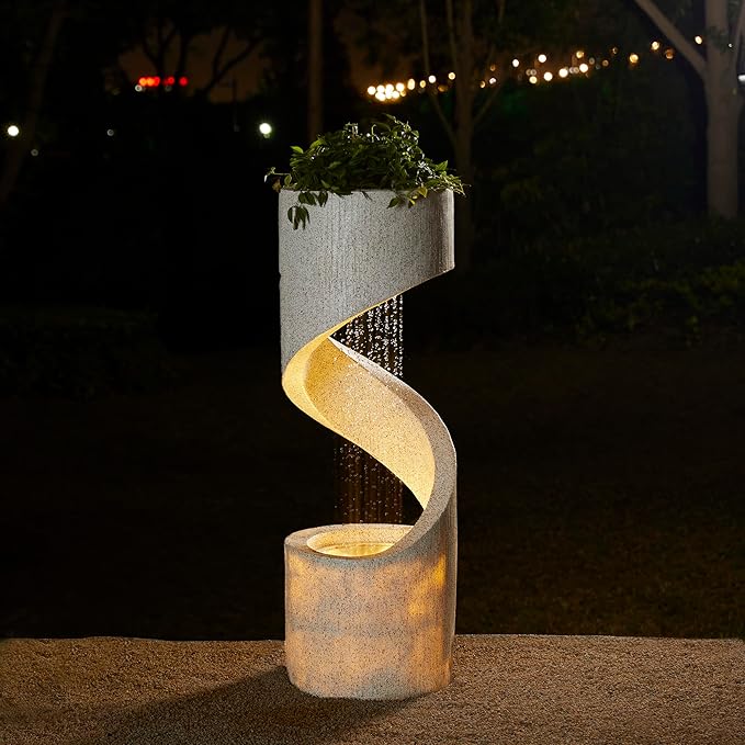 Glitzhome Outdoor Water Fountain with LED Light, Modren Curved Waterfall Fountain with Stone Planter, Faux Terrazzo Spiral Shaped Outdoor Fountains Water Feature for Garden Patio Deck Porch, 40.25”H