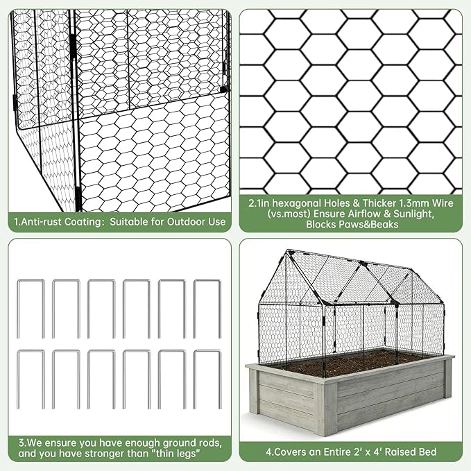 Decoroca 4x2ft Chicken Wire Plant Protectors - Crop Cage with Flip-Top&10 Ground Stakes, Outdoor Plant Protection Cage Keep Animals Out of Your Vegetable Garden - Suitable for 4x2ft Raised Garden Bed
