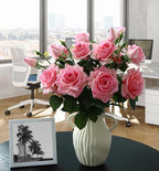 Pink Roses Artificial Flowers Indoor,Realistic Fake Flowers 5 Bouquets (15 Heads) for Living Room Decor,Real Touch Fake Plants for Bathroom Kitchen Office Wedding Table Shower Decor (No Vase)