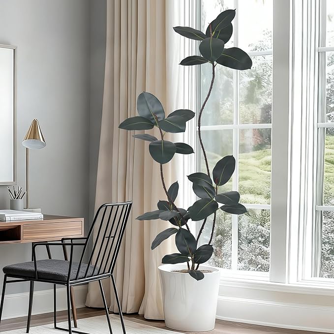 Artificial Rubber Tree 6FT(72in) Tall Faux Trees with Realistic Leaves, Fake Rubber Floor Potted Artificial Plants for Home Office Living Room Indoor Outdoor Decor (6feet,1Pack)