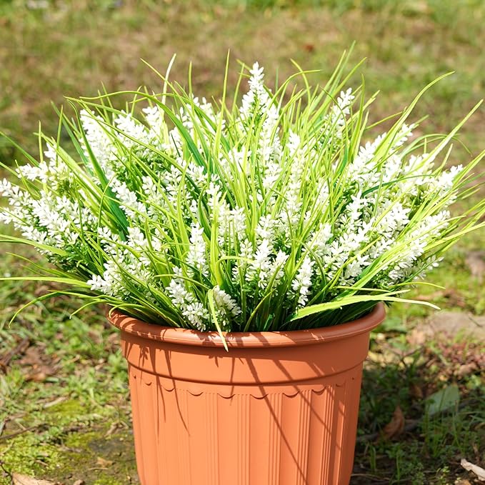 20 Bundles Artificial Plants Outdoor, UV Resistant Fake Flowers， Realistic Faux Lavender Shrubs for Porch Garden Window Box Home Decoration (White)