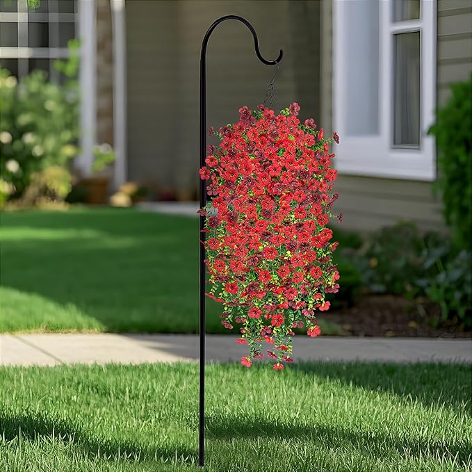 Artificial Fake Hanging Plants Flowers for Spring Outdoor Outside Decor, Faux Mums Silk Realistic Flower, 2 Pcs UV Resistant Look Real Plastic Decorations for Porch Home Patio Balcony Yard