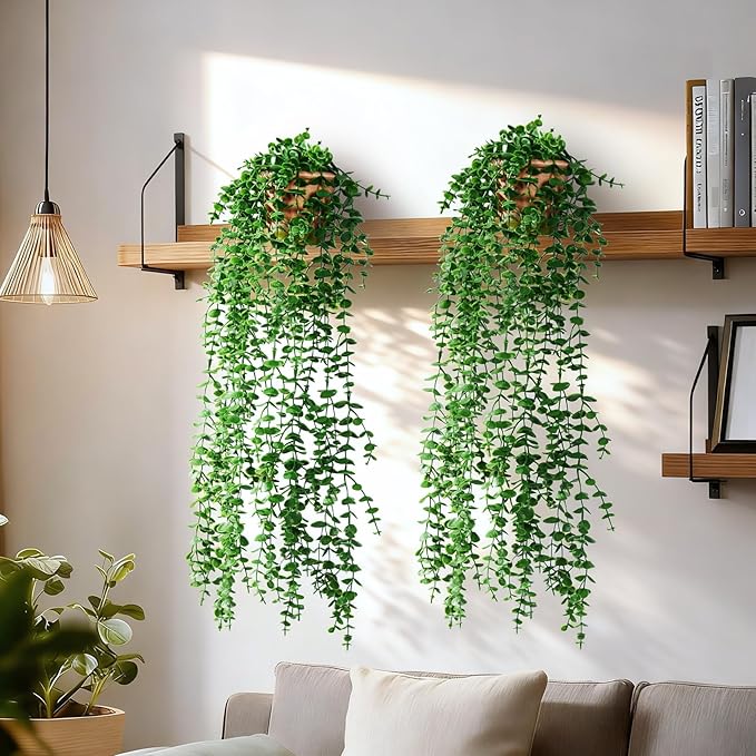2 Pcs Faux Eucalyptus Vine Ivy Vine Artificial Hanging Plant Faux Plant Fake Potted Greenery for Wall Living Room Home Shelf Office Bathroom Outdoor Indoor Decor (Type 1)