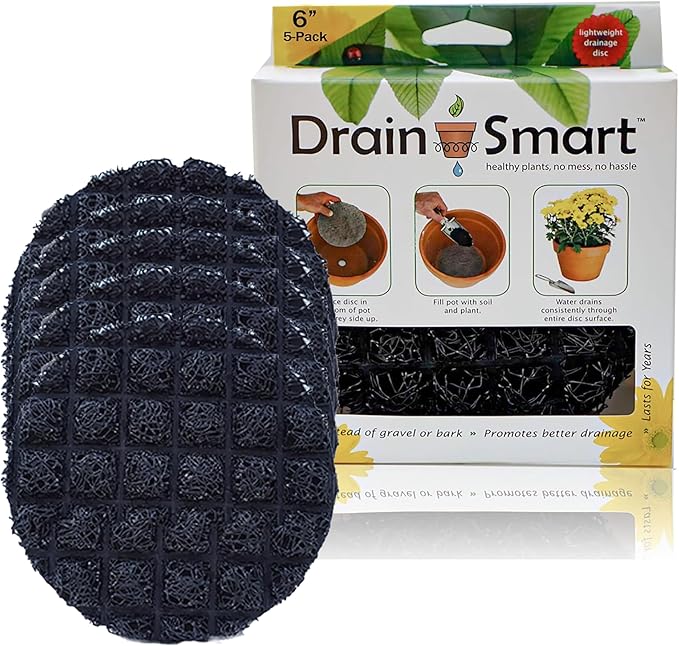 Drain Smart 3D Mesh Planter Pot Drainage Insert Disc – Made in USA – Keeps Soil in, Lets Water Drain Out – Cleaner, Lighter Alternative to Gravel for Indoor & Outdoor Planters (6" – 5 Pack)
