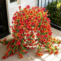 Fake Artificial Hanging Flowers for Outdoors Fake Plants Decoration, 2 Bundles Faux Silk Colorful Daisy Eucalyptus Realistic UV Resistant for Outside Home Planter Porch Patio Yard Decor(Red Orange)