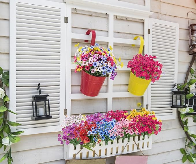 Bassion 24 Bundles Artificial Flowers for Outdoors Decoration, UV Resistant Mixed Color Silk Fake Faux Flowers Artificial Plants for Outside Window Box Porch Garden Home Decor