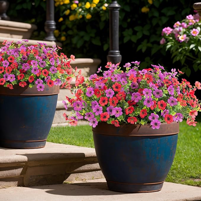 Ammyoo Artificial Fake Plants Flowers for Outdoor Spring Summer Decor, 12 Bundles Faux Silk Daisy for Planter Pot Colorful UV Resistant Look Real for Front Door Porch Patio Outside Yard(Purple Red)