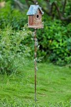Baroque Cottage Bird House Stake for Outside with Pole, Distressed Metal Birdhouse Stand for Outdoor Garden,Purple
