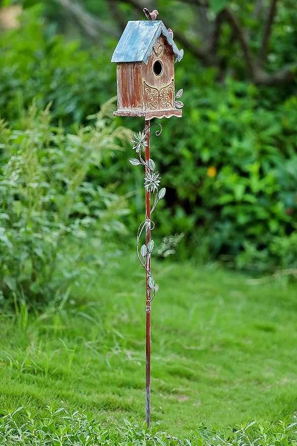 Baroque Cottage Bird House Stake for Outside with Pole, Distressed Metal Birdhouse Stand for Outdoor Garden,Purple