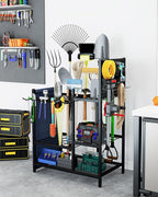 Garden Tool Organizer with Pegboard, Yard Tool Holder Standing for Garage Organization, Up to 30 Long-Handled/10 D-Handled Tools/Rake/Broom/Shovel/, with Side Storage Pocket
