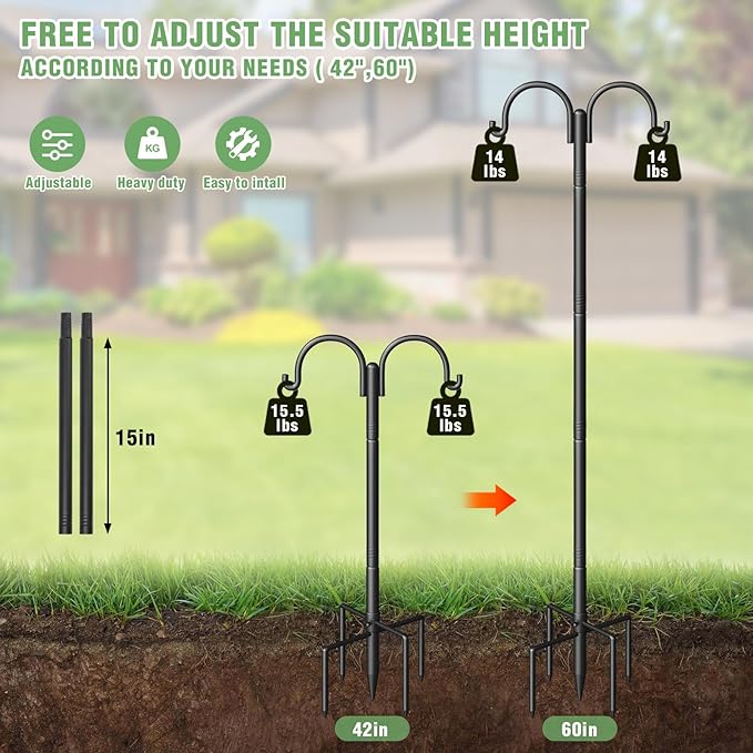 Double Shepherds Hooks for Outdoor, 60" Heavy Duty Bird Feeder Pole with 5-Prong Base - Rust-Proof, Adjustable Bird Feeder Hanger for Garden, Wedding Decor & Hanging Plants