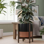 D'vine Dev Ceramic Planter with Walnut Color Stand - 14 Inch Modern Round Flower Pot with Wood Planter Holder, Black/Speckled Tan, 55-B-T-7