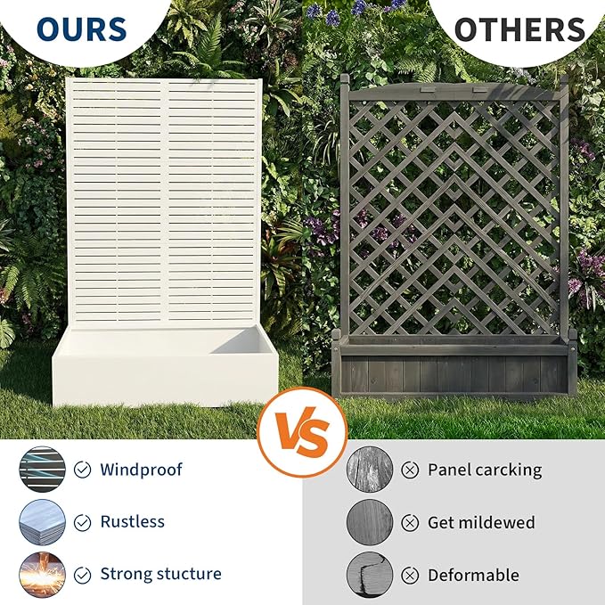 Metal Raised Garden Bed with Trellis & Privacy Screen, 71.5"x47"x16" Galvanized Metal Planter Box with Wheels & Drainage Holes for Patio Balcony Climbing Plants Flowers Vegetable, White