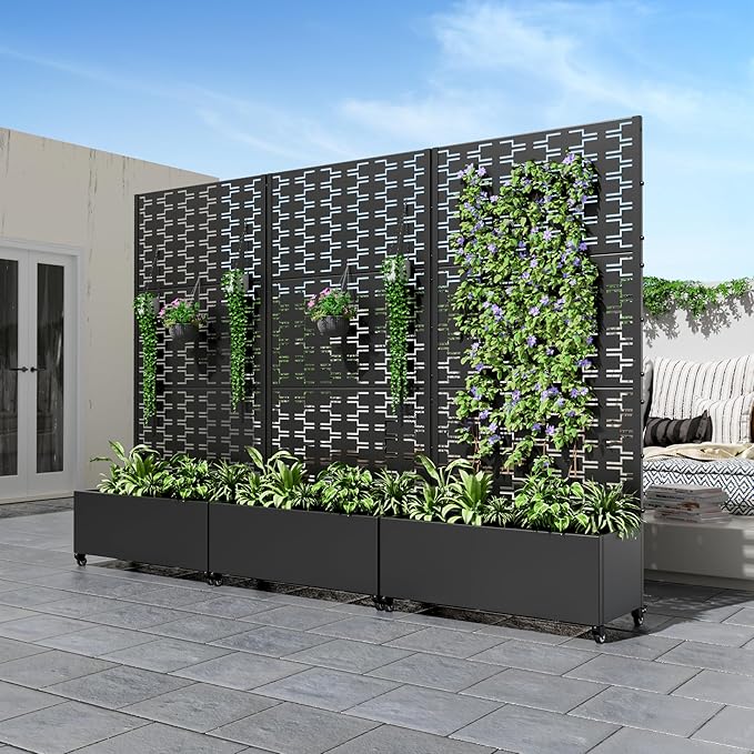 Casaphoria Metal Raised Garden Bed with Trellis and Wheels, 72"x35"x16" Planter Box for Climbing Plants, Vegetables & Vines, Features Drainage Holes and Privacy Screen (Black-Brick)