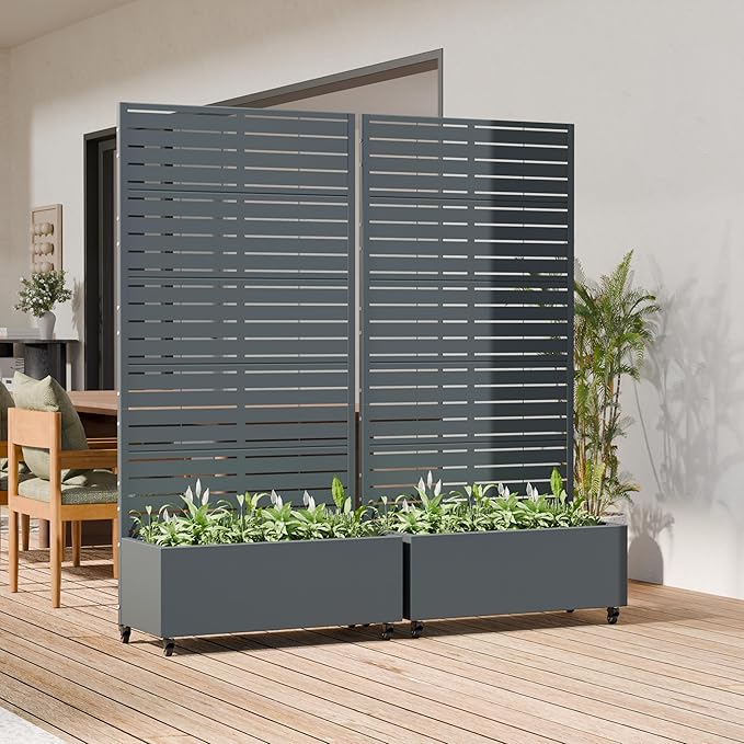 Casaphoria Metal Raised Garden Bed with Trellis and Wheels, 72"x35"x16" Planter Box for Climbing Plants, Vegetables & Vines, Features Drainage Holes and Privacy Screen, Drakgrey-Louvered