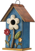 Glitzhome Hanging Bird House for Outdoor, 10.2" H Patio Garden Decorative Birdhouse Pet Cottage Distressed Wooden Bird House for Swallow Sparrow Finch Cardinals, Flower Rustic Blue