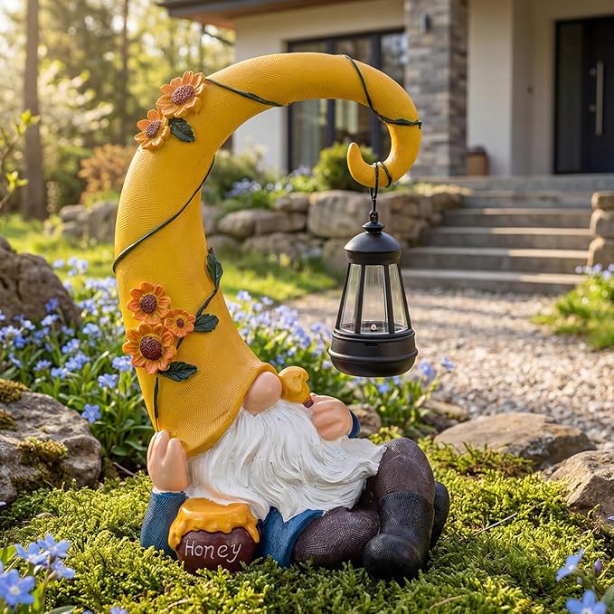 Lavezee Garden Gnomes Outdoor, Spring Gnome Statue with Solar Lantern for Yard, Patio, Lawn Graden Decor, Funny Gnome Gifts for Mom Grandma Women