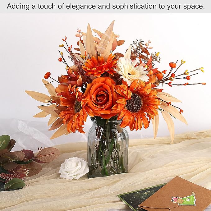 Faux Flowers with Vase, Artificial Silk Roses in Vase, Fake Plant Eucalyptus Flower Arrangement for Fall Decorations Indoor Home Office Farmhouse Table Centerpiece Coffee Table Decor (Orange)