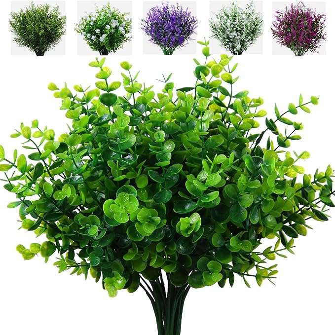 Artificial Plants Flowers Grass Shrubs 8 Pack No Fade Faux Plastic Flowers Outdoor for Farmhouse Garden Porch Patio Indoor Wedding Decoration Greenery Fake Plants uv Resistant (1#Green)