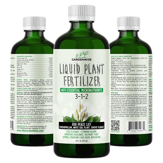 GARDENWISE Peace Lily Fertilizer: 3-1-2 Liquid Fertilizer with Essential Micronutrients - The Ultimate Food for Spathiphyllum, Perfect for Indoor Plants (8 OZ)
