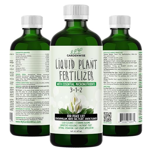 GARDENWISE Peace Lily Fertilizer: 3-1-2 Liquid Fertilizer with Essential Micronutrients - The Ultimate Food for Spathiphyllum, Perfect for Indoor Plants (32 OZ)