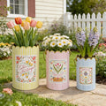 Set of 3 Vintage Floral Metal Bucket, Multi-Size Planters for Flowers & Easter Egg Containers, Rustic Garden & Home Decor