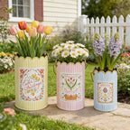 Set of 3 Vintage Floral Metal Bucket, Multi-Size Planters for Flowers & Easter Egg Containers, Rustic Garden & Home Decor