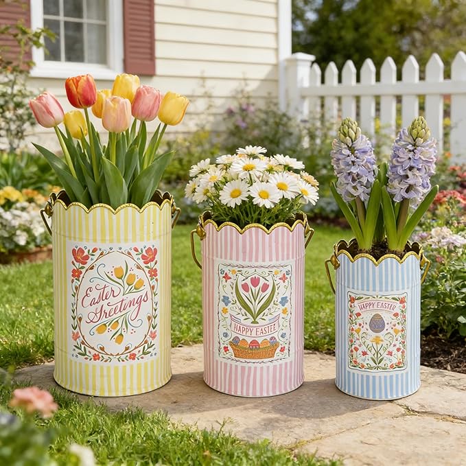 Set of 3 Vintage Floral Metal Bucket, Multi-Size Planters for Flowers & Easter Egg Containers, Rustic Garden & Home Decor