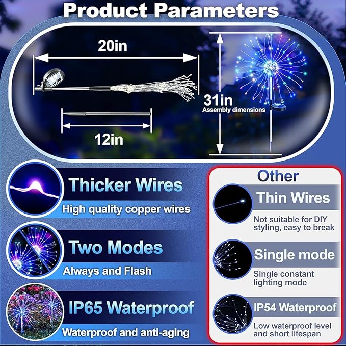 Anordsem Solar Lights Outdoor Waterproof: 6 Pack Garden Light - Bendable Copper Wire with 120 LED Firework Beads - DIY Colorful Fun Decoration for Yard Patio - Twinkle Sparkler Gifts for Women Wife
