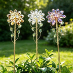 3 Pack Crystal Sunflower Suncatchers with 13" Gold Trellis Stakes – Handmade Rainbow Prism Plant Decor for Indoor Pots, Houseplants & Garden Gift (Amber, Red, AB)