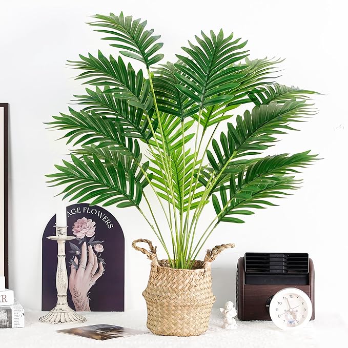 Der Rose Fake Palm Tree 28Inch Faux Plant Potted Tall Fake Plant with Hand-Woven Baskets Artificial Tree for Indoor Outdoor Home Office Bedroom Porch Balcony Decor