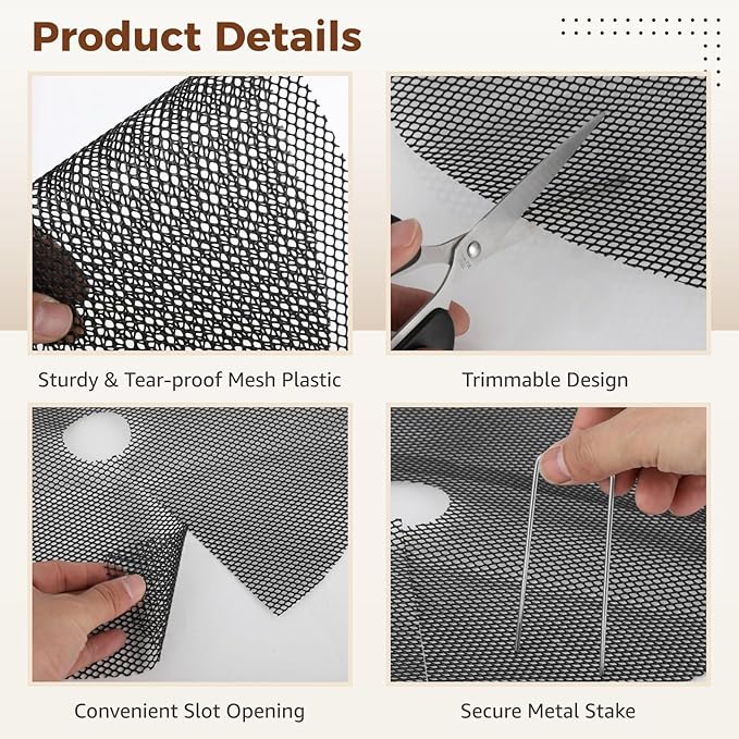 10 Pcs 15.75" Plant Pot Grids, Flower Pot Soil Protector Covers, Black Plant Mesh Nets for Pet Protection, Cuttable Digging Stoppers with Metal Securing Stakes