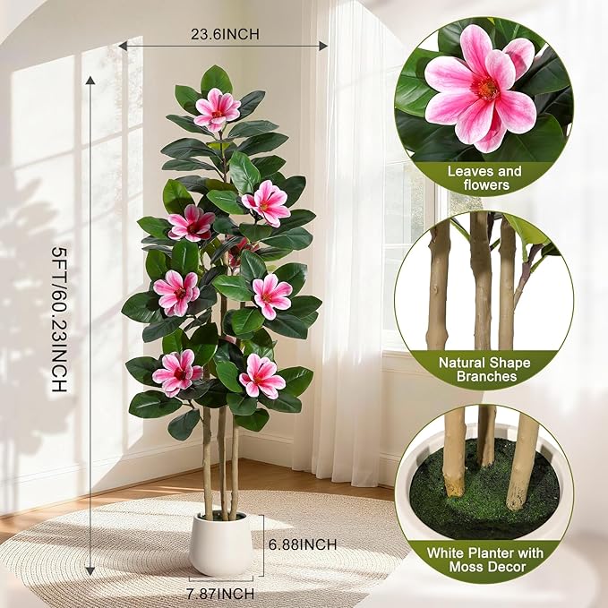 GarveeHome Faux Rubber Tree, 60 Inch Artificial Plants Indoor with Real Touch Leaves and Multi Trunks, Artificial Tree Fake Potted Plants with Pink Flowers for Home Decor Office Living Room